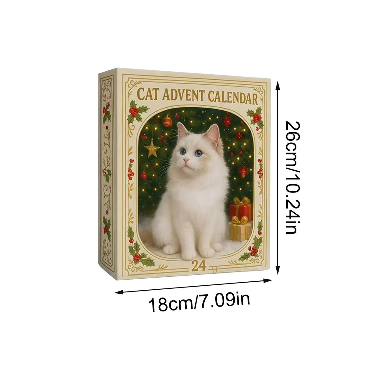Cat advent calendar box with a white cat illustration and dimensions on a white background