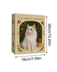 Cat advent calendar box with a white cat illustration and dimensions on a white background