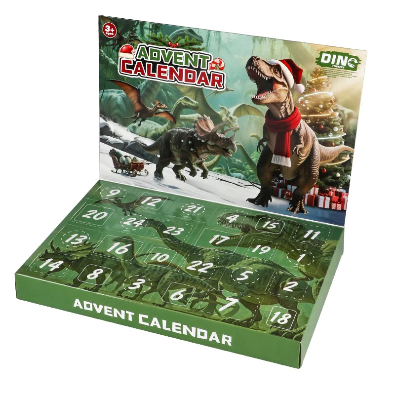 A dinosaur-themed Advent Calendar display box with 12 numbered green doors and a printed front panel showing dinosaurs, a Christmas tree, and holiday decorations. The box is photographed on a plain white background.