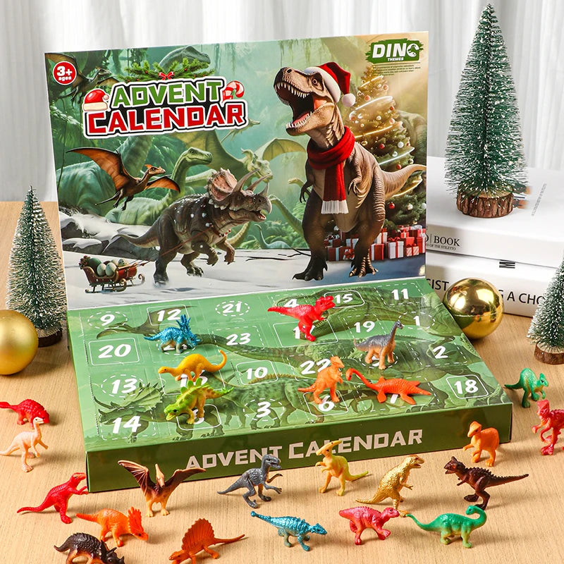 Dinosaur Advent Calendar with small toy dinosaurs on a wooden surface