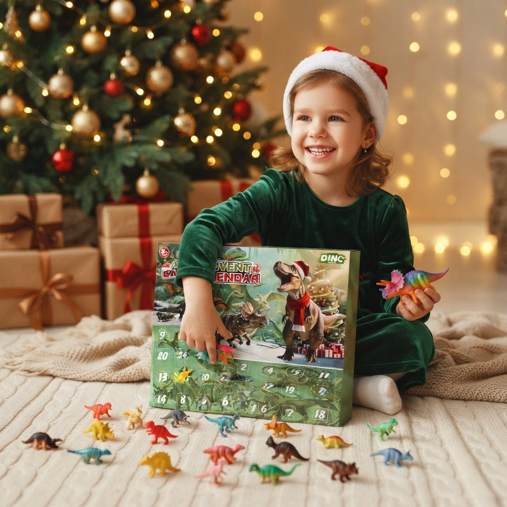 A young child wearing a Santa hat sits on a blanket in front of a decorated Christmas tree, holding a Christmas advent box labeled 'Dino Advent' with small colorful dinosaur toys scattered around on a beige rug.
