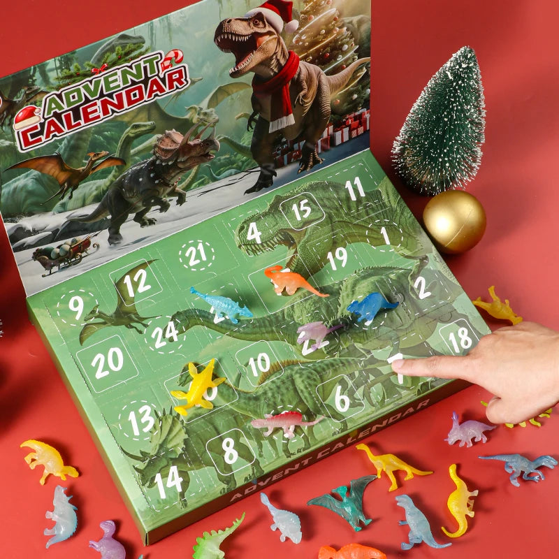 Dinosaur-themed advent calendar with small figurines on a red background