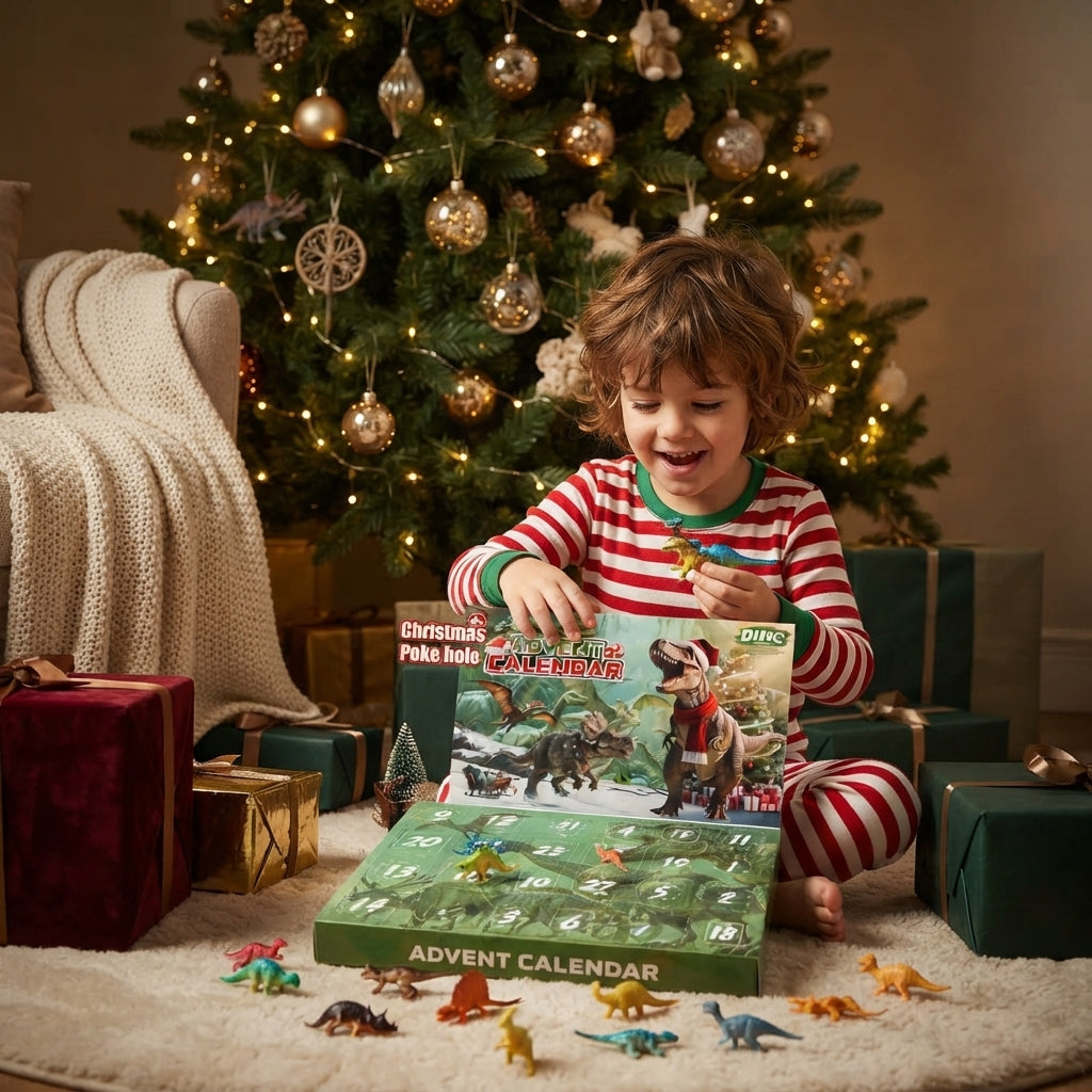 A child in red-and-white striped pajamas sits on a rug in front of a decorated Christmas tree, opening an advent calendar box with dinosaur toys scattered around. Presents and a cozy living-room setting are visible.