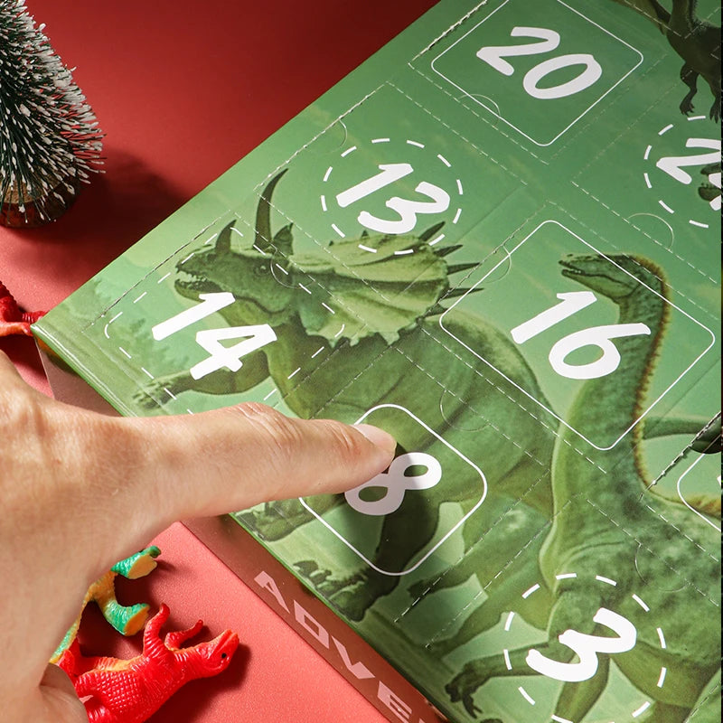 Advent calendar with dinosaur design and visible days, on a red background.