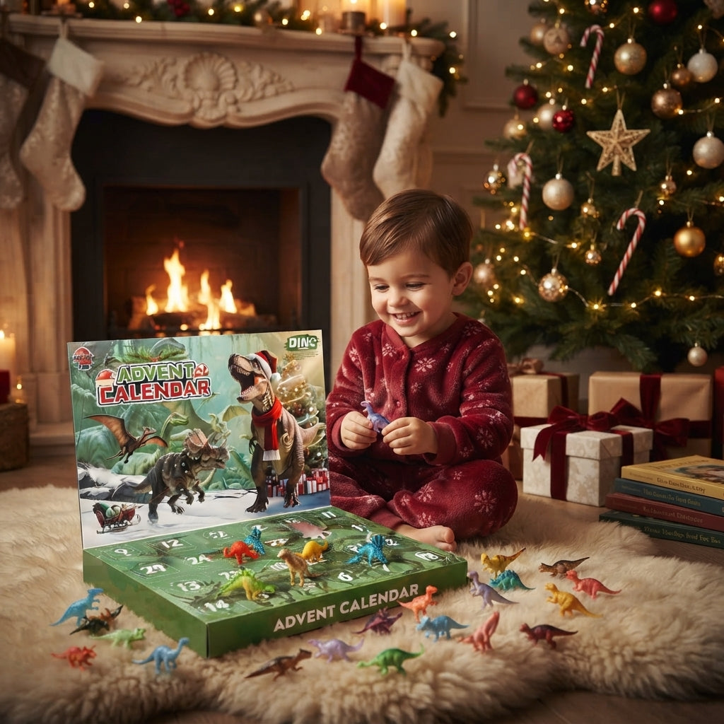 A young child in red pajamas sits on a fluffy rug in a cozy holiday living room, smiling while playing with a dinosaur advent calendar and small dinosaur figures. A lit fireplace, stockings, and a decorated Christmas tree are visible in the background.