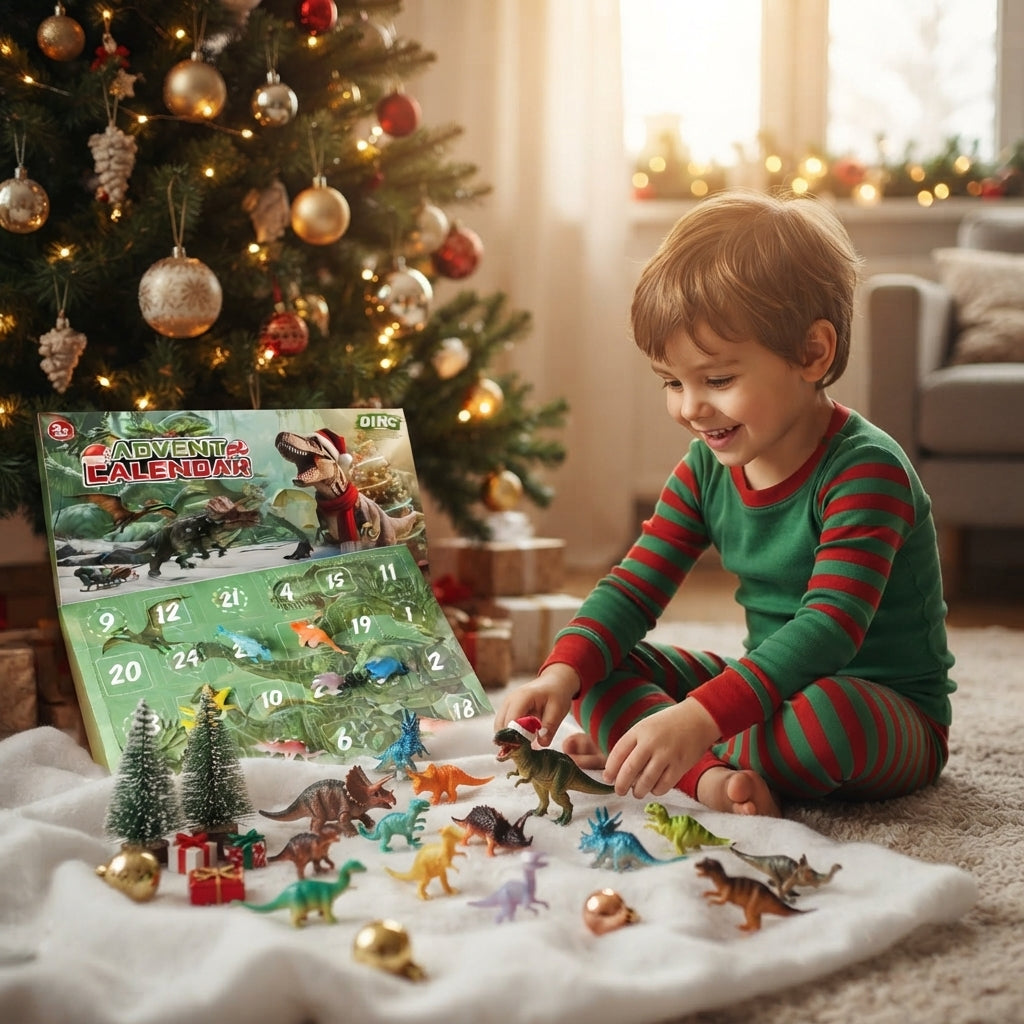 A child in green and red striped pajamas sits on a rug in front of a decorated Christmas tree, opening an Advent Calendar and playing with small dinosaur figurines and miniature trees.