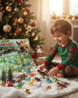 A child in green and red striped pajamas sits on a rug in front of a decorated Christmas tree, opening an Advent Calendar and playing with small dinosaur figurines and miniature trees.