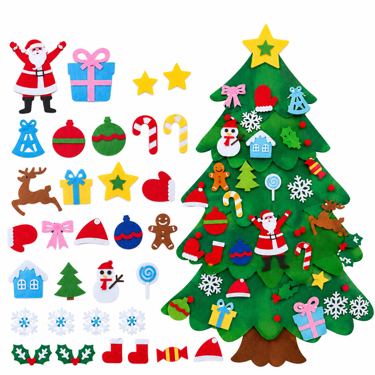 Felt Christmas tree decoration set with a green felt Christmas tree, Santa Claus figures, ornaments, candy canes, snowflakes, stars, gifts, houses, snowmen, reindeer, and other holiday shapes on a white background.