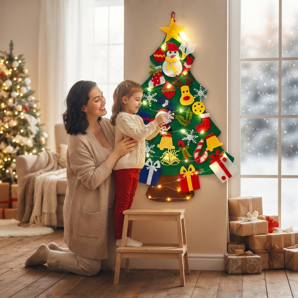 A woman and child decorate a large felt Christmas tree with colorful holiday ornaments in a warm, decorated living room. The felt tree is green and features a snowman, duck, Santa, gifts, and warm string lights.