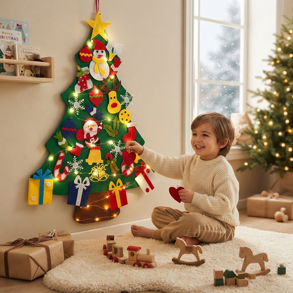 A young child sits on a white rug in a cozy room, touching a large green felt Christmas tree decoration with colorful hanging ornaments and warm string lights. The scene includes wrapped gifts, wooden toys, a window, and another lit Christmas tree in the background.