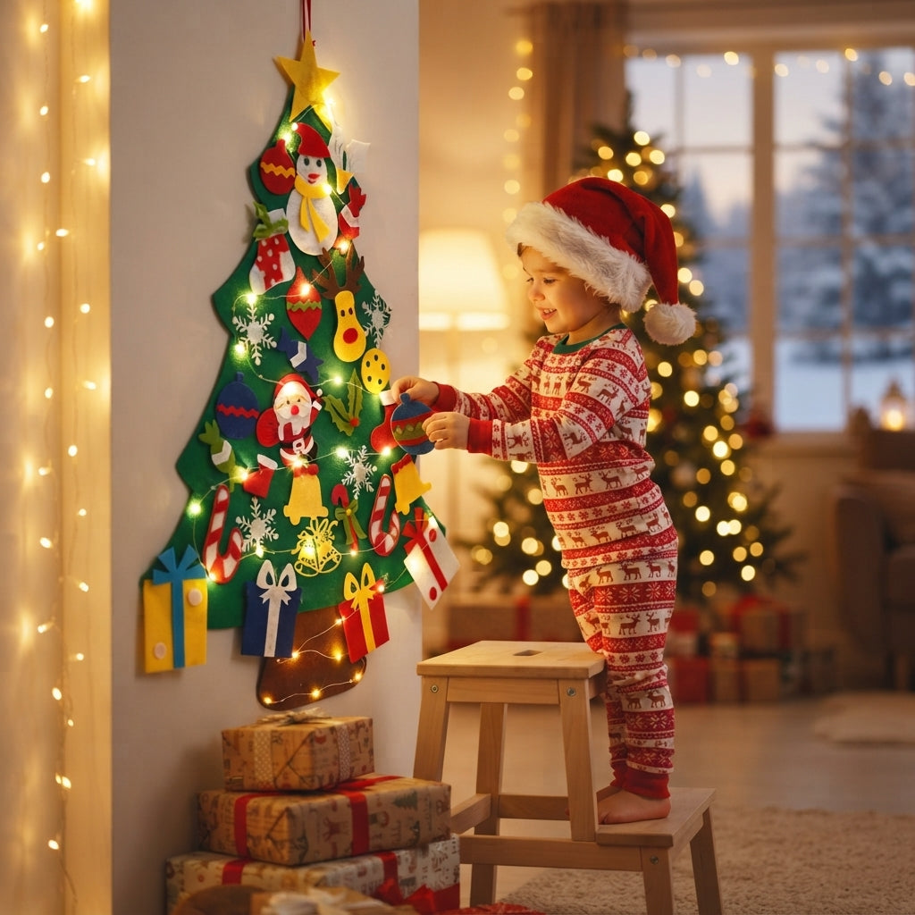 A child in a red and white holiday onesie and Santa hat stands on a small wooden stool, decorating a hanging Christmas tree with colorful ornaments in a warmly lit living room. Wrapped gifts sit below the tree, and blurred Christmas lights and another tree appear in the background.