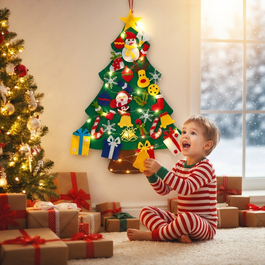 A toddler in red and white striped pajamas sits on a carpeted floor next to a decorated Christmas tree, holding a small yellow ornament. A felt Christmas tree with colorful holiday decorations and warm string lights hangs on the wall behind the child.