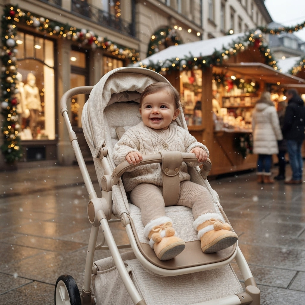 A baby wearing a cream cable-knit sweater and matching pants sits in a beige stroller on a snowy Christmas market street, with decorated storefronts and market stalls in the background.