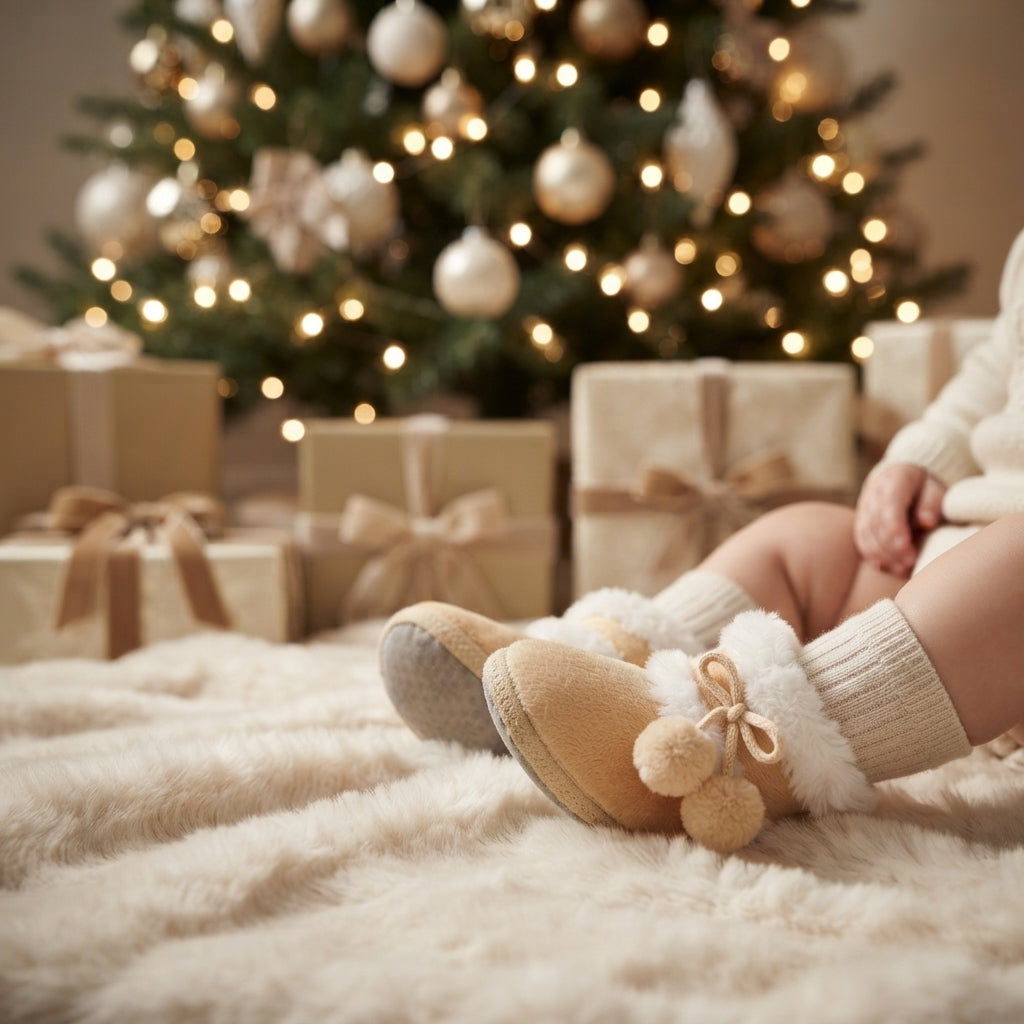 A close-up of a child's legs wearing beige knit socks and tan slippers with white faux-fur trim and pom-poms, posed on a fluffy cream rug in front of a decorated Christmas tree and wrapped gift boxes.