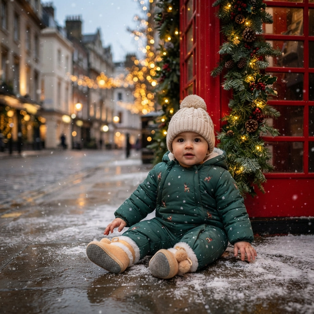 A child wearing a dark green Christmas-themed puffer suit with a beige knit beanie and tan boots sits on a snowy street in front of a red telephone booth decorated with lights and greenery.