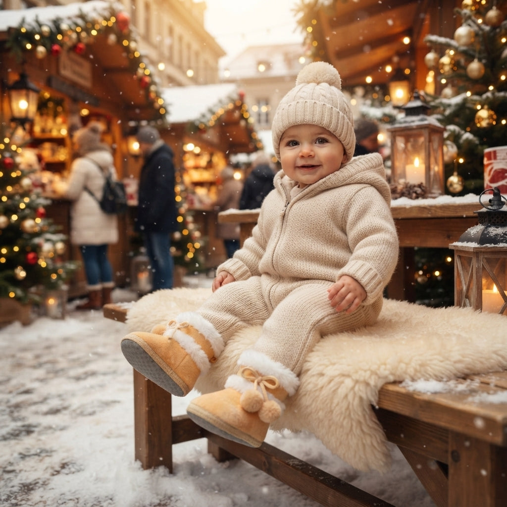 A baby wearing a cozy cream-colored knit snowsuit, matching beanie, and tan boots sits on a wooden bench at a snowy Christmas market with warm lights and decorations in the background.