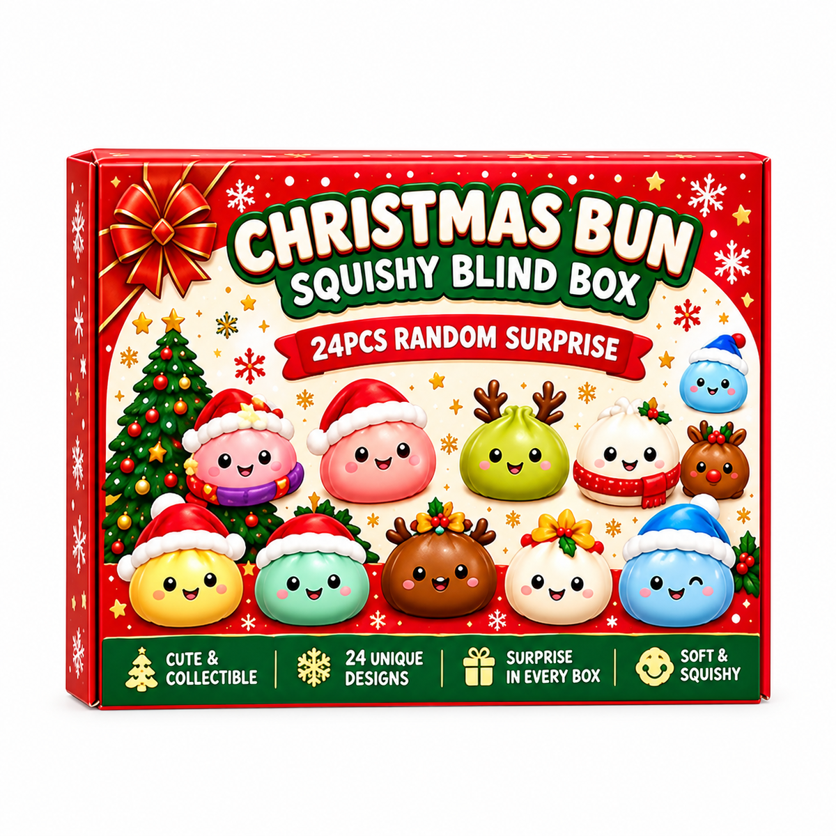 Christmas Bun Squishy Blind Box packaging featuring a red and white box with illustrations of cute, collectible Christmas buns in Santa hats, reindeer antlers, and holiday sweaters.