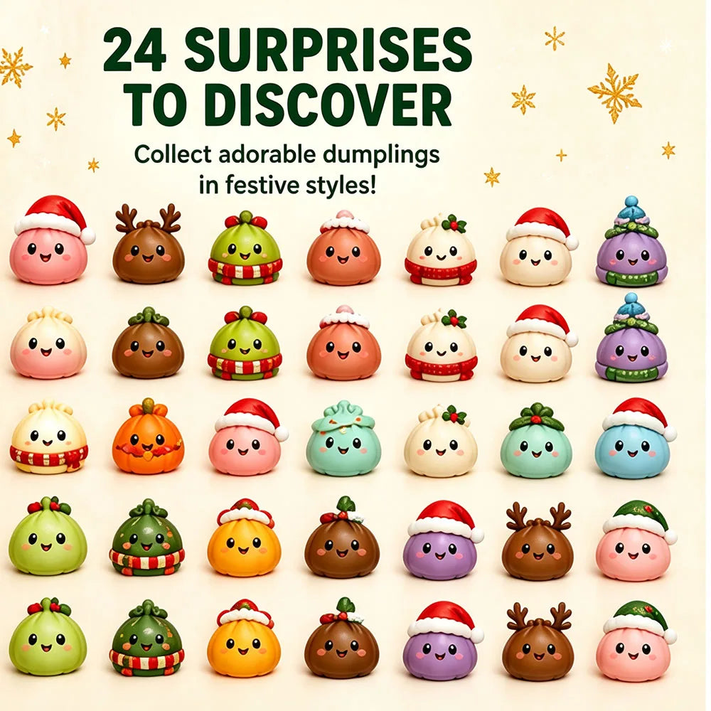A festive product display showing 24 cute, round, chibi-style holiday treats or macarons arranged in a grid. Each character has a different holiday theme, including Santa Claus, reindeer, Christmas tree, snowman, pumpkin, and Christmas pudding, in various colors like pink, green, orange, purple, brown, and yellow.