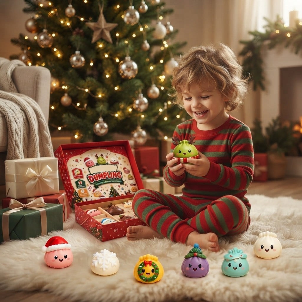 A child in red and green striped pajamas sits on a white rug in a cozy living room, surrounded by a Christmas tree and presents, holding a green Christmas-themed dough toy. Several colorful dough toys are lined up in front of them.