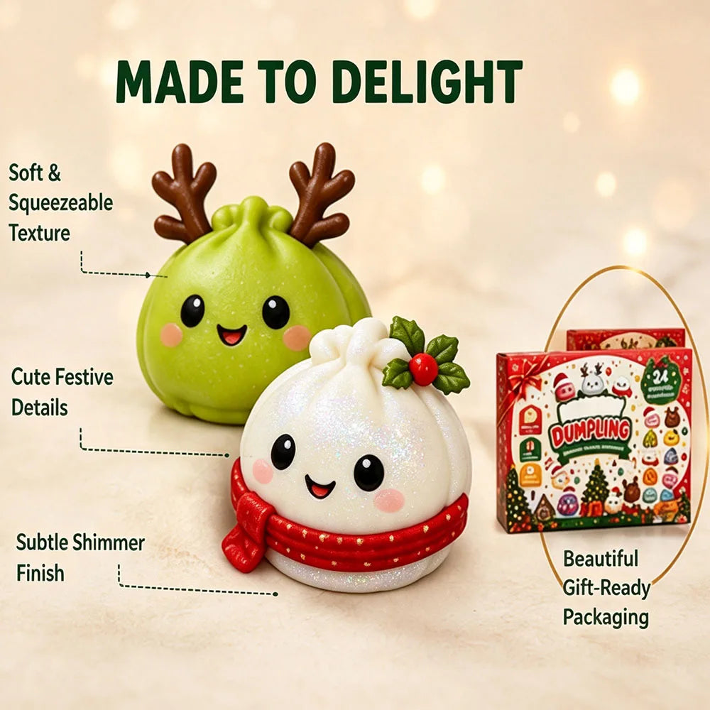 Two cute dumpling-shaped holiday gift boxes with cartoon faces are shown on a warm beige background with text callouts and the retail box. The front dumpling is white with a red scarf, and the back dumpling is light green with brown antlers.