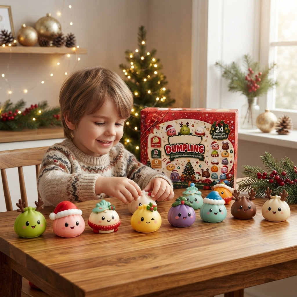 A child sits at a wooden table with a set of small, cute, pastel-colored squishy toys shaped like holiday characters, with their red and white 'DUMPING' brand box standing behind them in a cozy, decorated Christmas room.