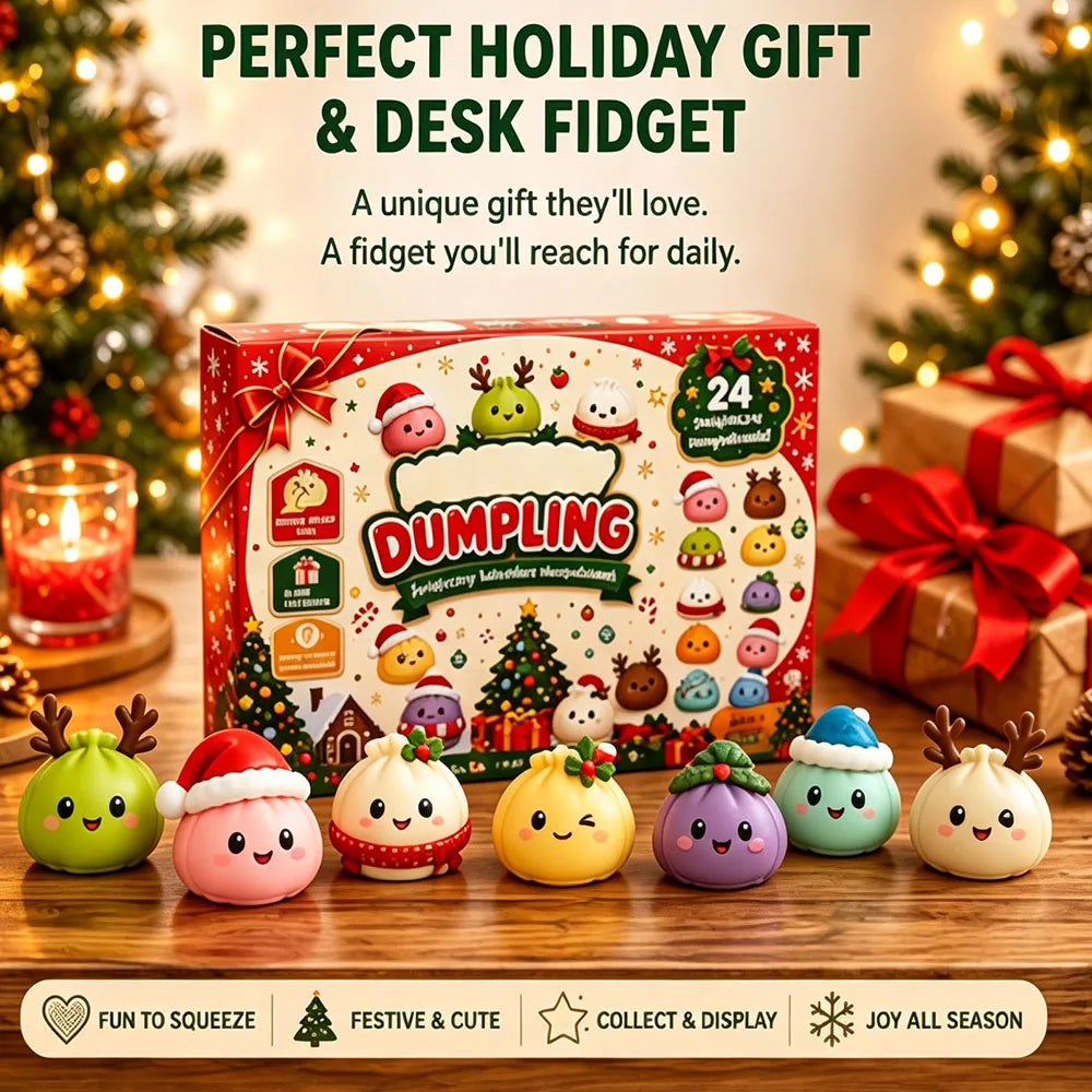 A festive holiday gift set featuring a box of Dumpling-shaped lavender Christmas crackers surrounded by six cute squishy dumpling toys, with promotional text and holiday decorations in the background.