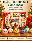 A festive holiday gift set featuring a box of Dumpling-shaped lavender Christmas crackers surrounded by six cute squishy dumpling toys, with promotional text and holiday decorations in the background.