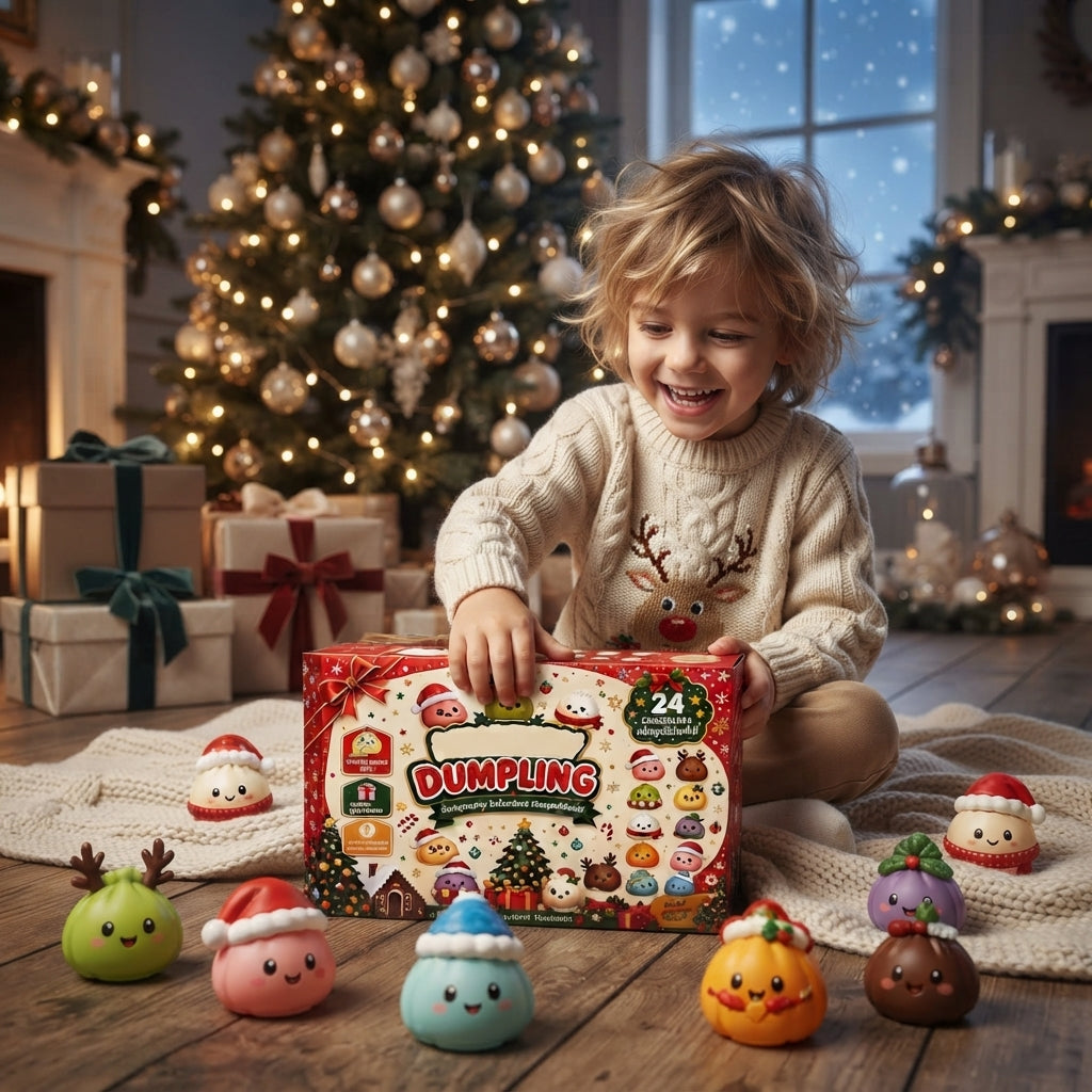 A child sitting on a rug in a cozy Christmas living room, holding a box of dumpling-themed treats. Several colorful, cute dumpling-shaped toys are placed in front of them, with a decorated Christmas tree, wrapped gifts, and warm holiday lights in the background.