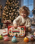 A child sitting on a rug in a cozy Christmas living room, holding a box of dumpling-themed treats. Several colorful, cute dumpling-shaped toys are placed in front of them, with a decorated Christmas tree, wrapped gifts, and warm holiday lights in the background.