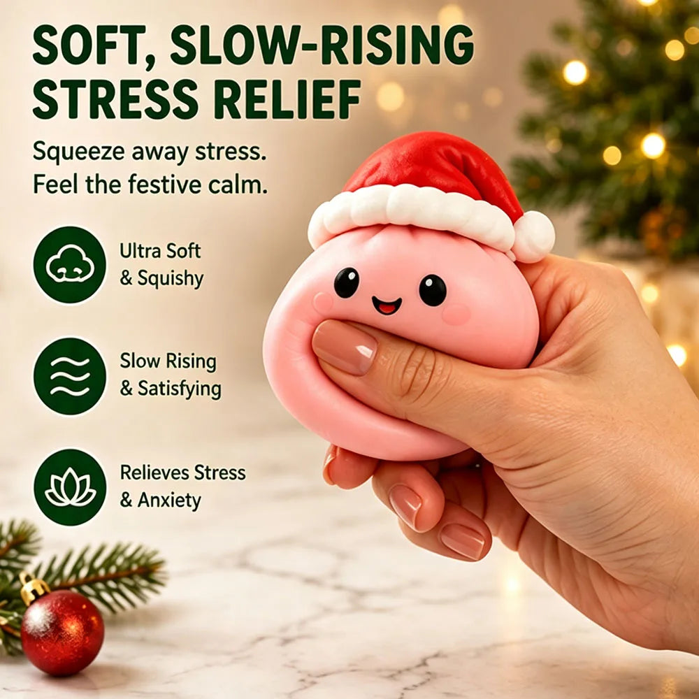 A hand squeezes a pink stress relief squishy toy with a smiling face and a red Santa hat, with promotional text on the left and a softly blurred holiday background.