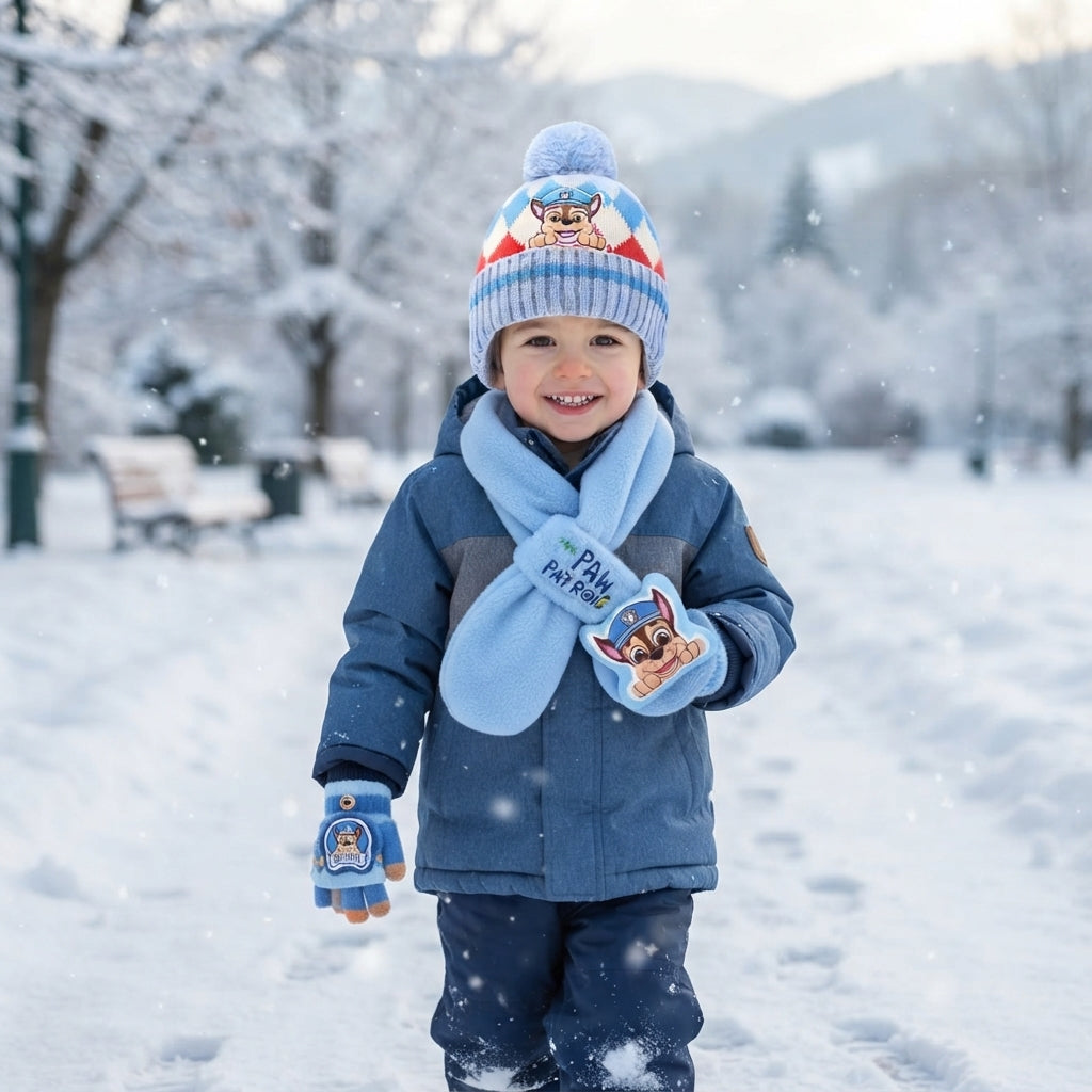 A smiling toddler standing in the snow wearing a blue winter outfit with a light blue scarf, blue hat, and matching gloves. The hat and gloves feature cartoon character graphics, and the scarf reads 'PAW PATRIOT'.