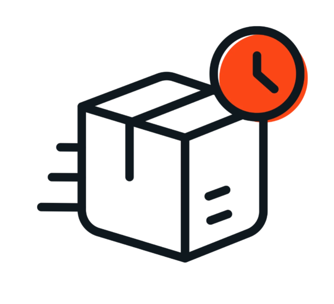 A minimalist line-art icon of a package with a red clock badge, on a solid black background.