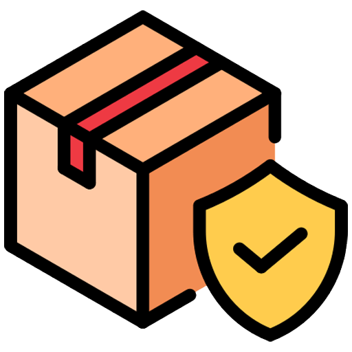 Icon of a cardboard box with a red stripe next to a yellow shield with a black check mark on a white background.